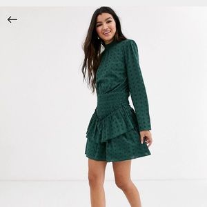 ASOS Broderie High Neck Shirred Waist Mini Dress